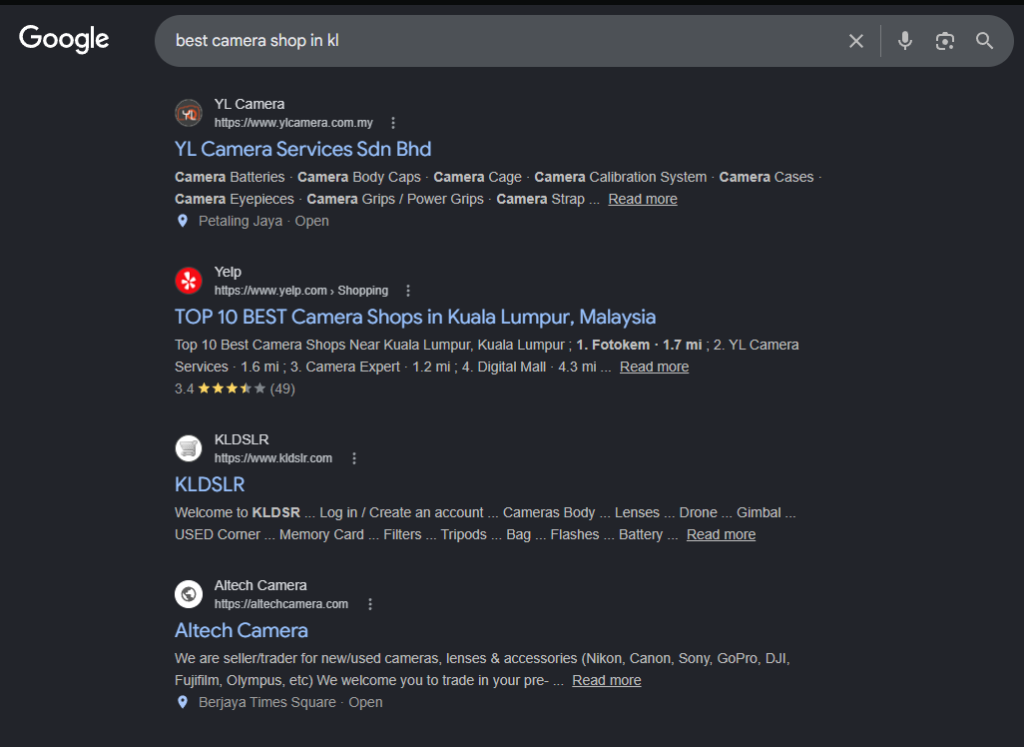 Camera shop that optimized their website using SEO is showing on top of the google search engine
