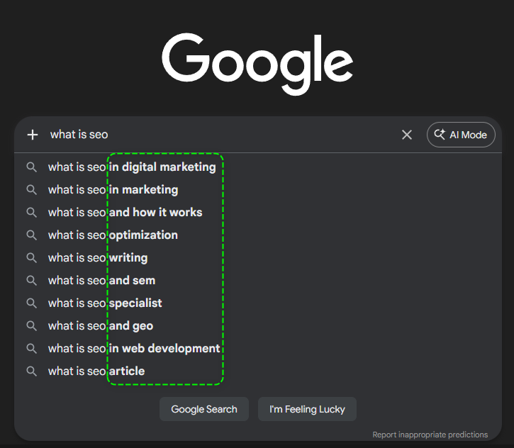 Google search autocomplete suggestions for “what is SEO” showing long-tail keyword ideas like digital marketing, SEM, and SEO writing