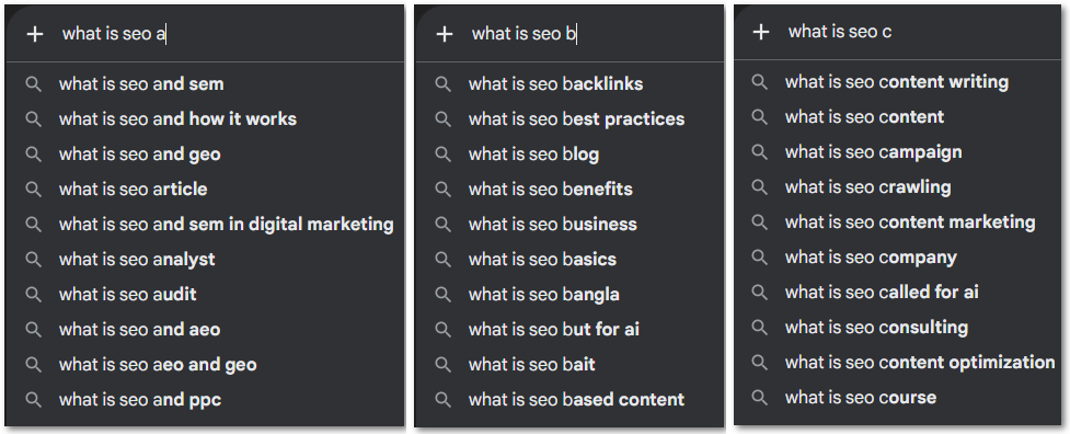 Google search engine suggesting phrase that can be relevant to the topic by entering additional alphabet