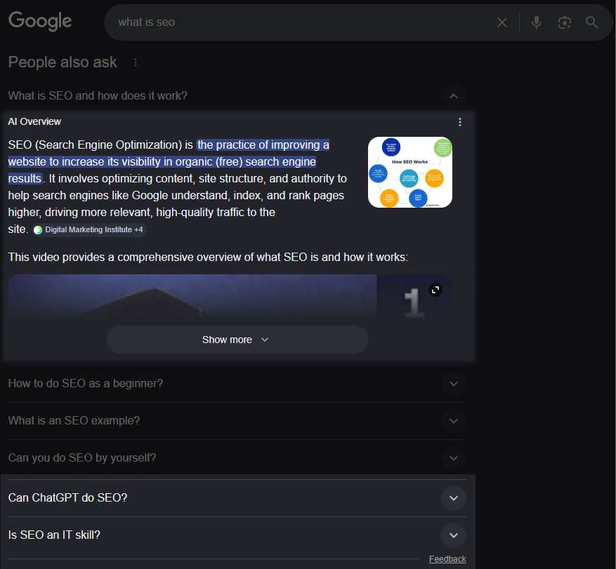 Google People Also Ask section for “what is SEO” showing related questions and answers for long-tail keyword ideas
