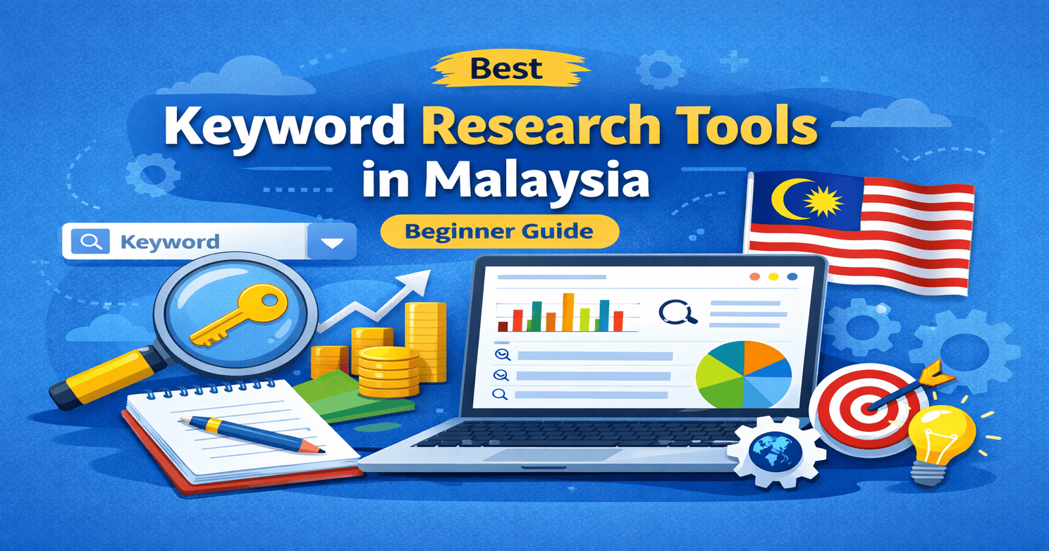 Illustration of best keyword research tools in Malaysia showing SEO dashboard, keyword analysis, and beginner guide concept