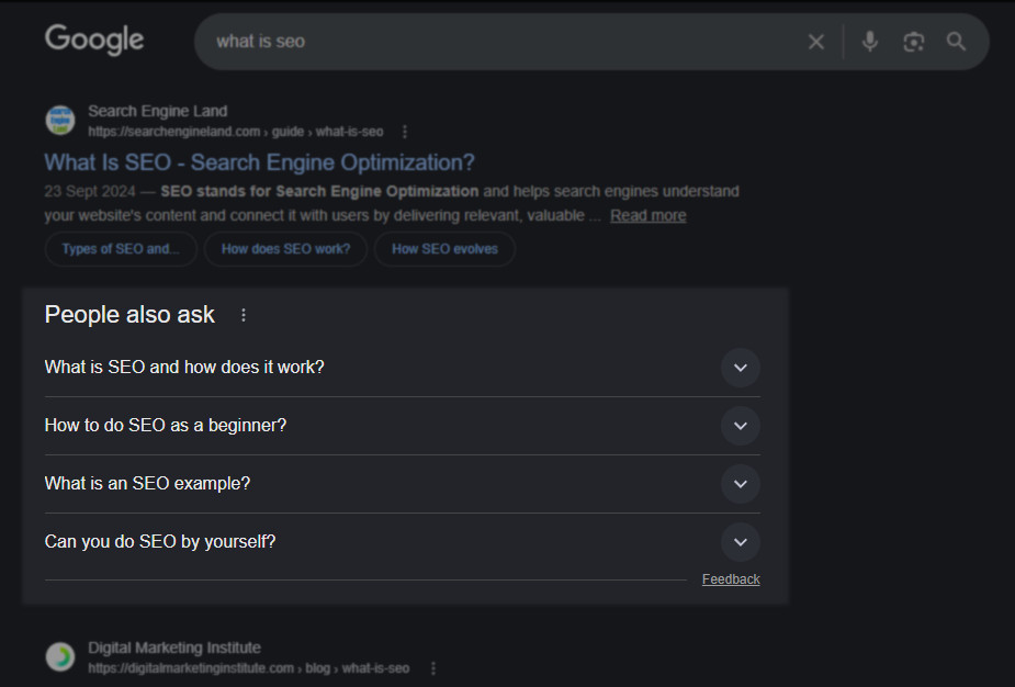 Google People Also Ask section showing questions for “what is SEO” with related long-tail keyword ideas