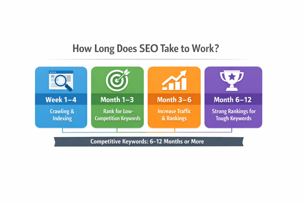 Timeline infographic explaining how long SEO takes to work, starting from week 1 to 4 for crawling and indexing, followed by month 1 to 3 for early keyword rankings, month 3 to 6 for traffic growth, and month 6 to 12 for competitive keyword rankings.