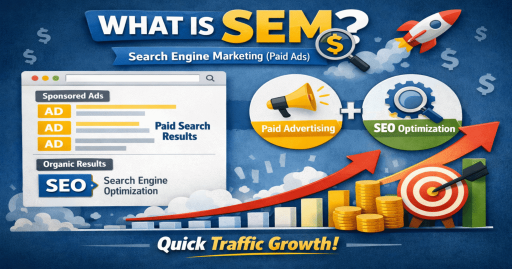 Paid ads driving traffic with SEO and search engine marketing growth graph