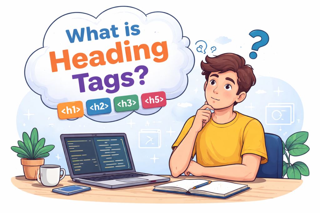 A digital illustration of a young man wondering what is heading tags and how to use them