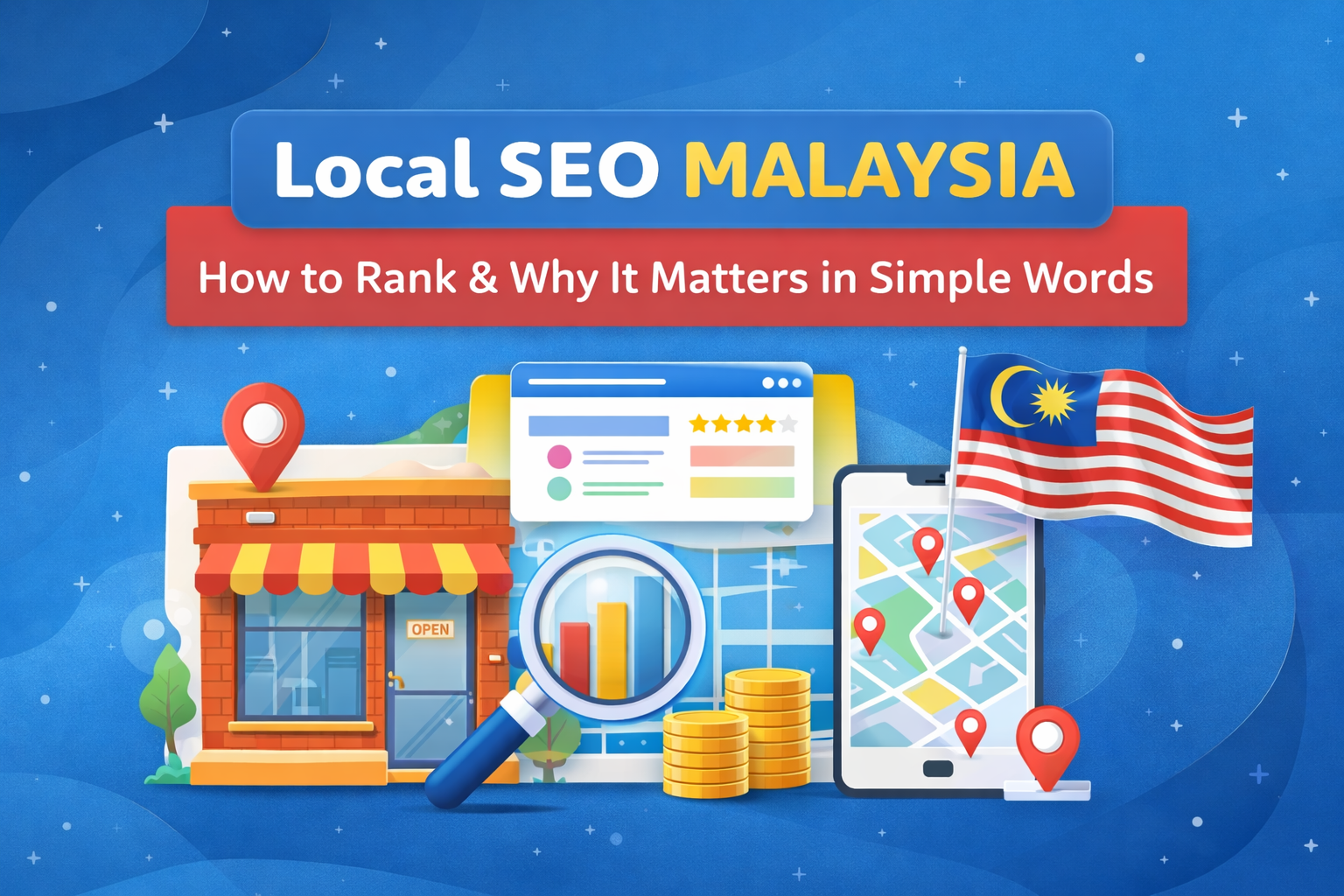 Local SEO Malaysia: How to Rank & Why It Matters in Simple Words, featuring a storefront, map, and magnifying glass, with the Malaysian flag in the design