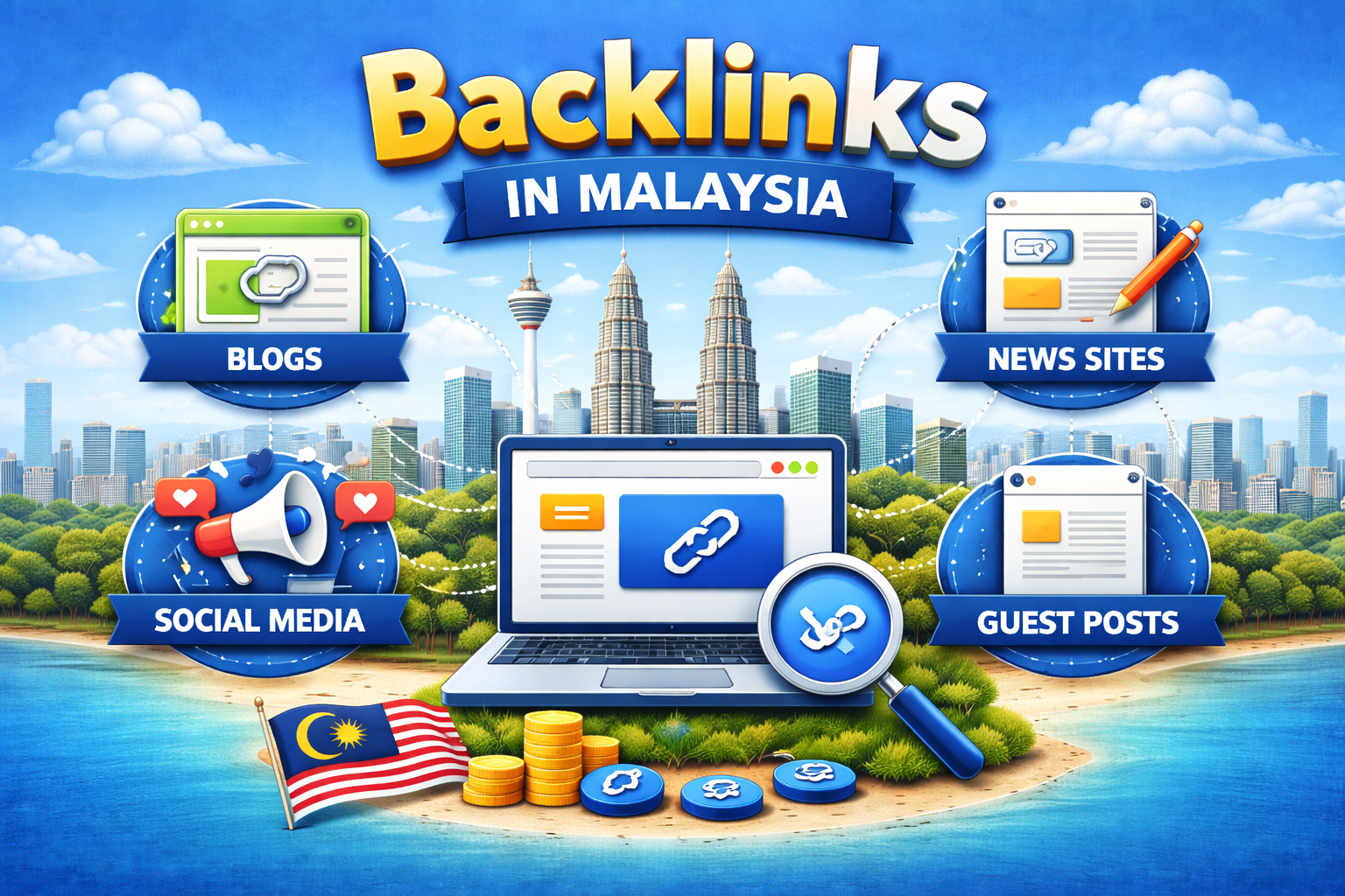 What are Backlinks in SEO for the Malaysia Market? 'Backlinks in Malaysia' featuring Kuala Lumpur's skyline, a laptop with a link icon, and various backlink sources such as blogs, social media, news sites, and guest posts, with the Malaysian flag and gold coins in the foreground.