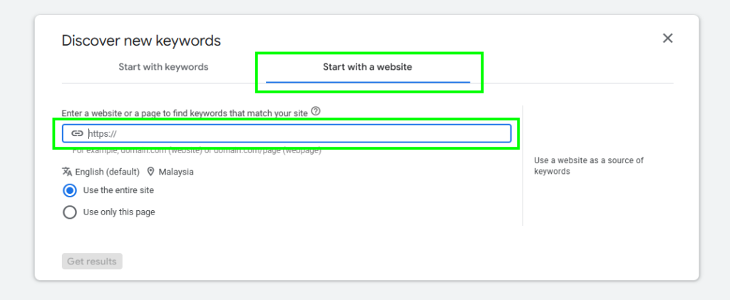 keyword planner step to add competitor website