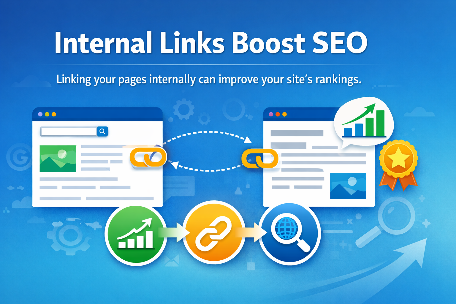 Illustration showing how internal links boost SEO with linked web pages, SEO graphs, and icons representing link equity and improved search visibility.